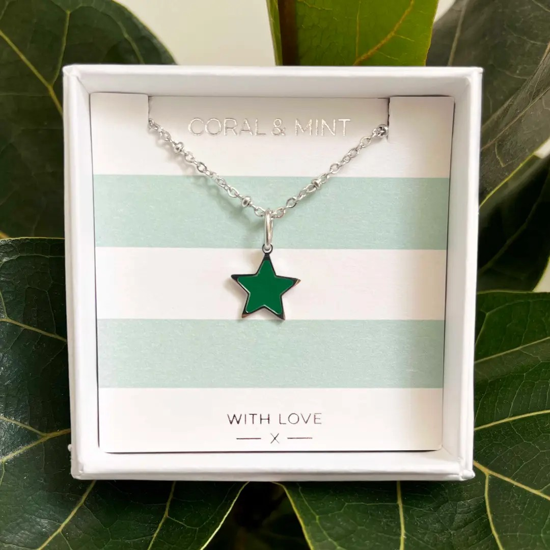 Emerald Star Charm on Beaded Necklace - Silver