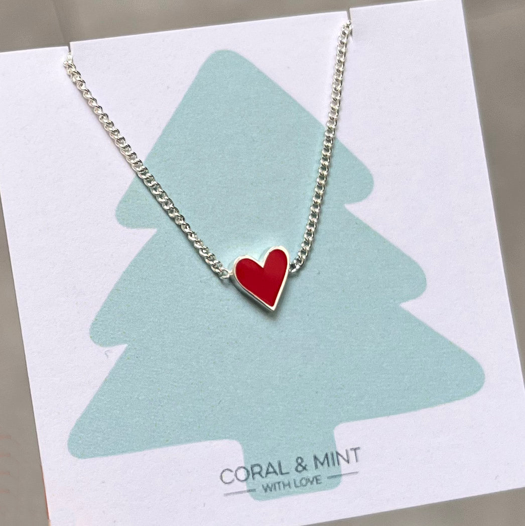 Christmas red enamel heart necklace
