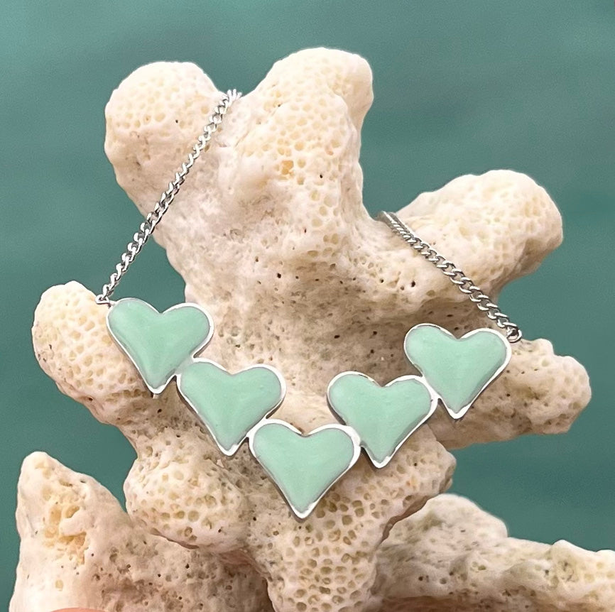 Mint enamel 5 heart necklace