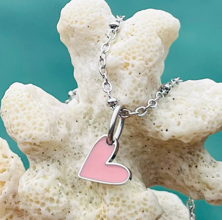 Pink heart charm with Silver beaded chain