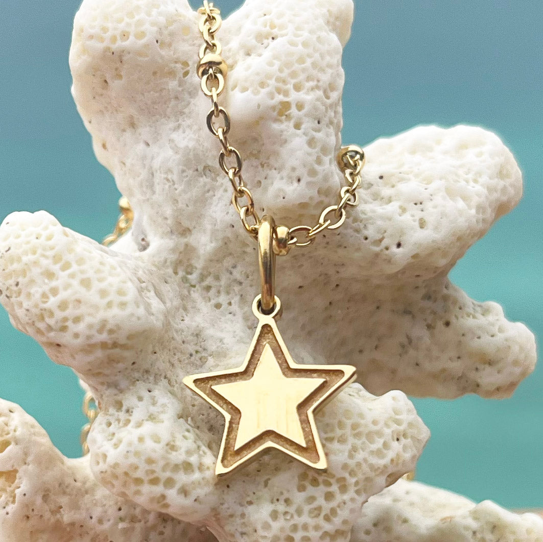 Engraved Gold Star Charm on a Beaded Chain