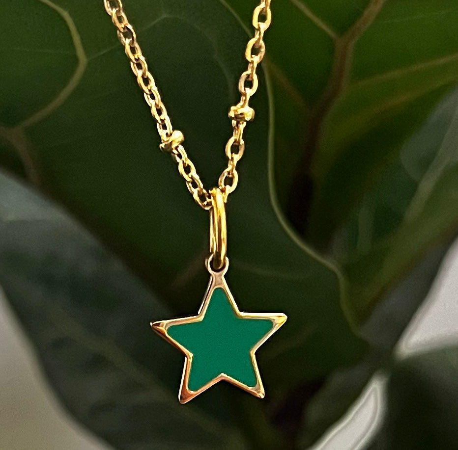 Gold Emerald Star Charm on a Beaded Chain