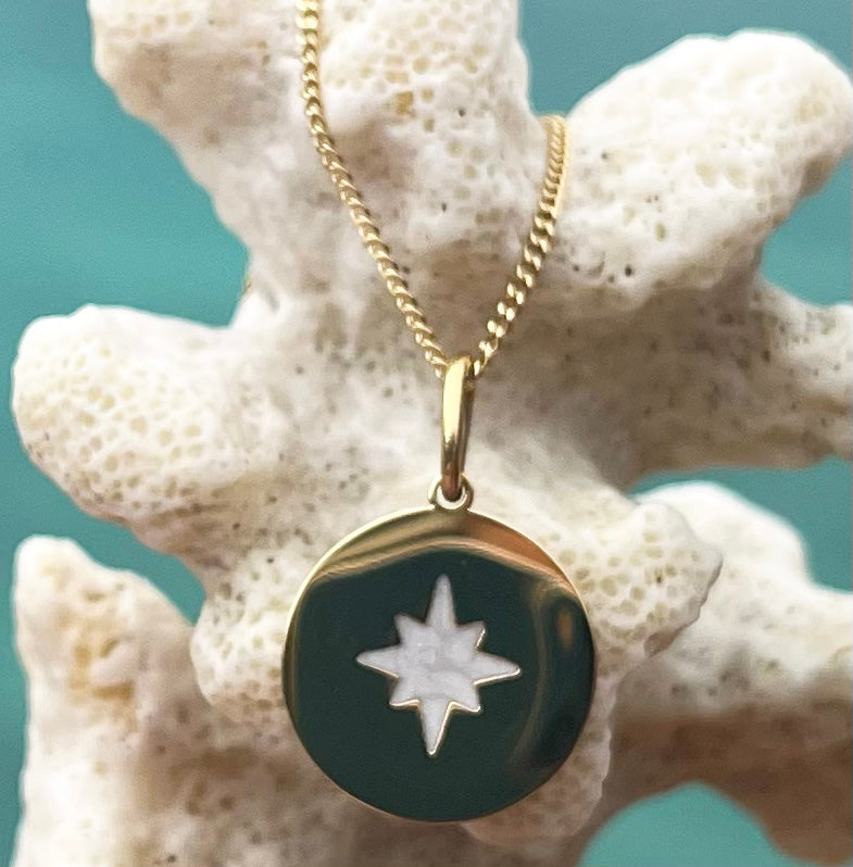 Gold Button Charm Necklace with Pearlescent Star