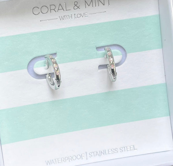 Silver Huggies with Pink Sparkly Enamel - Coralandmint