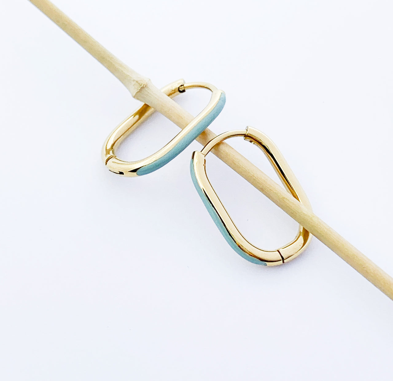 Gold Rectangle Huggies with turquoise enamel stripe