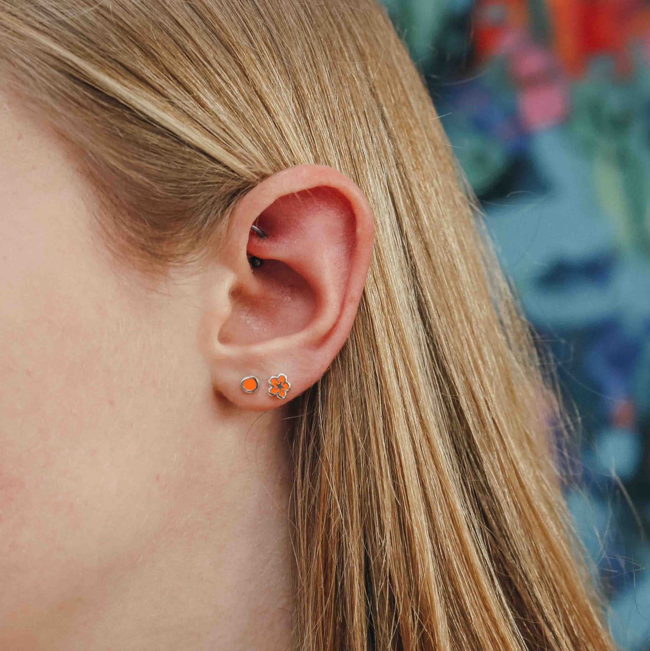 Bubble flower studs with neon coral enamel