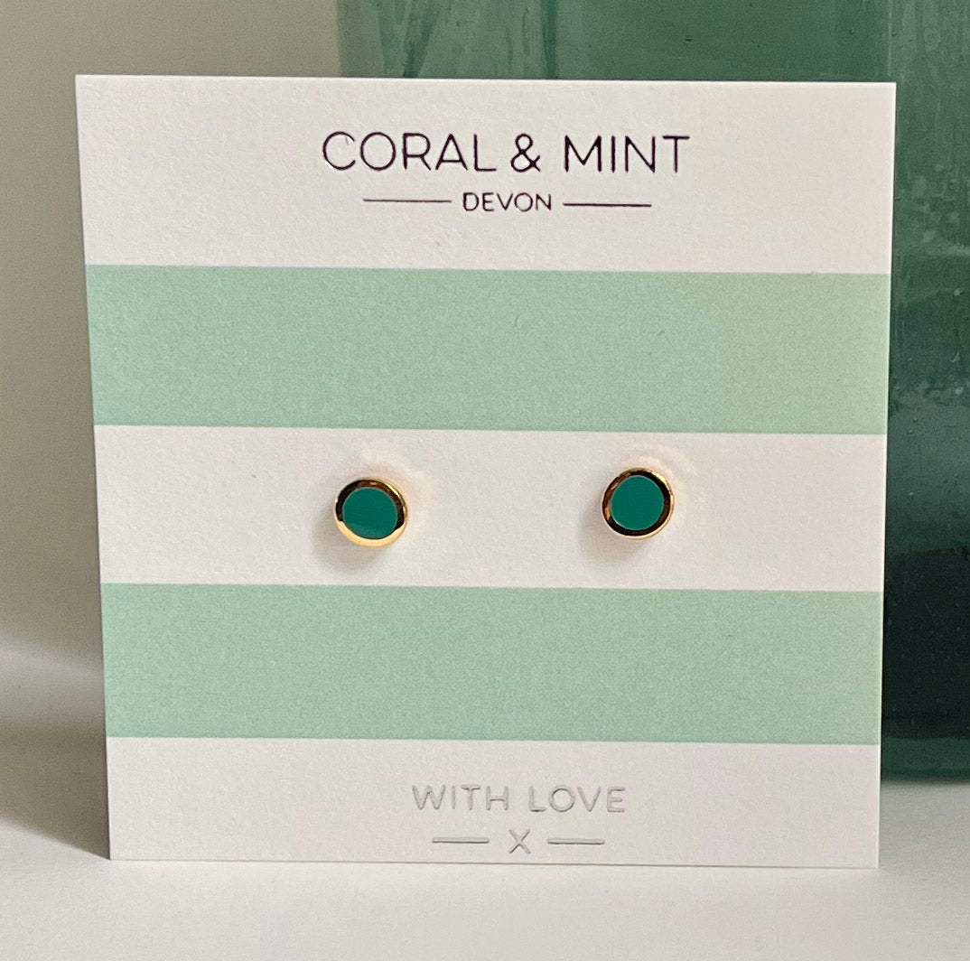 Sea Green Enamel Studs - Gold Plated