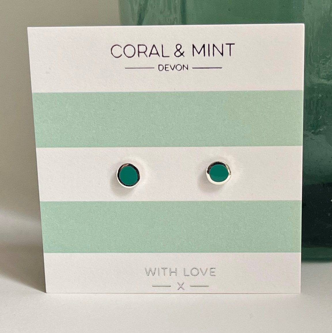 Sea Green Enamel Studs - Silver Plated