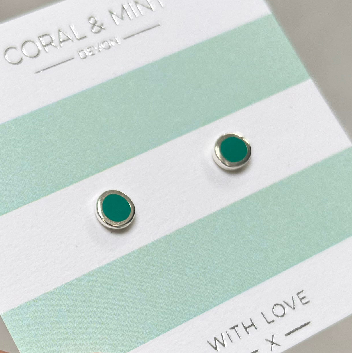 Sea Green Enamel Studs - Silver Plated