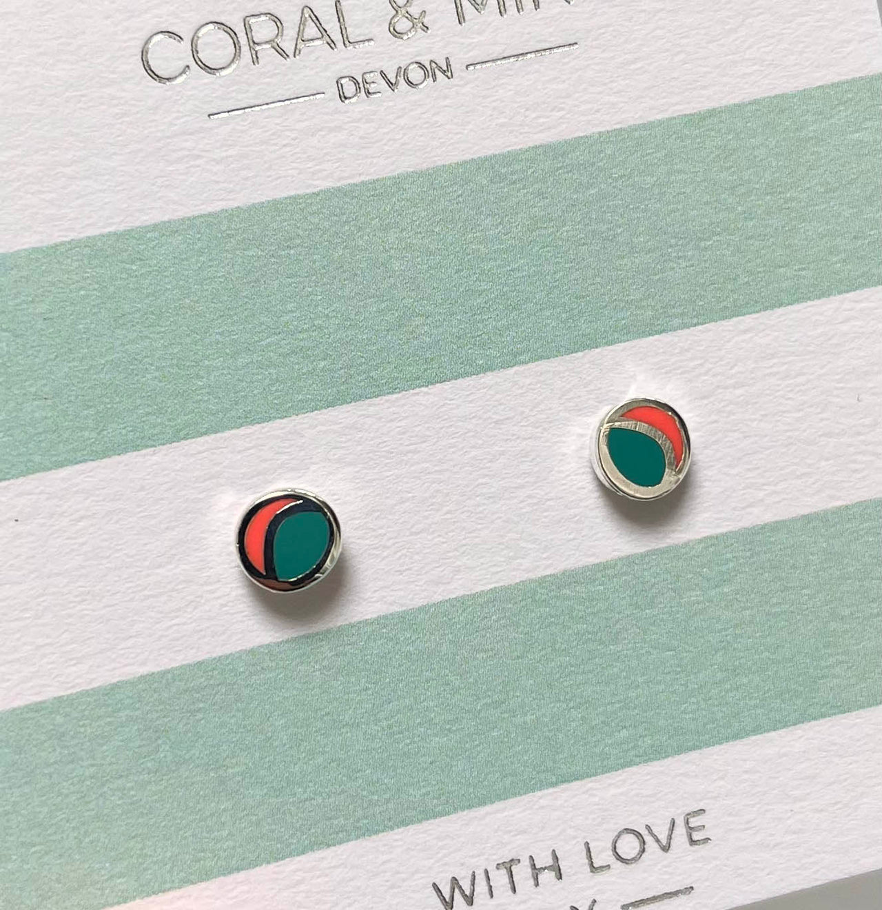 Duo Studs with neon coral and mint enamel