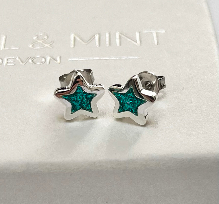 Turquoise Glitter Enamel Star Studs