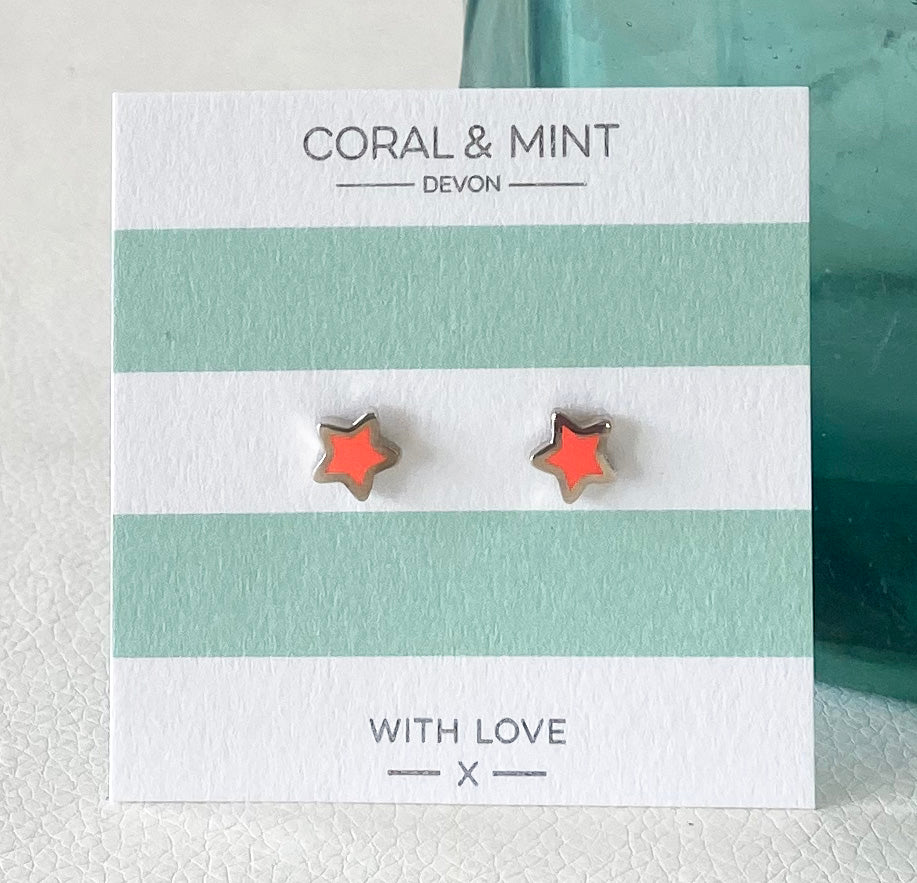 Neon Coral Enamel Star Studs