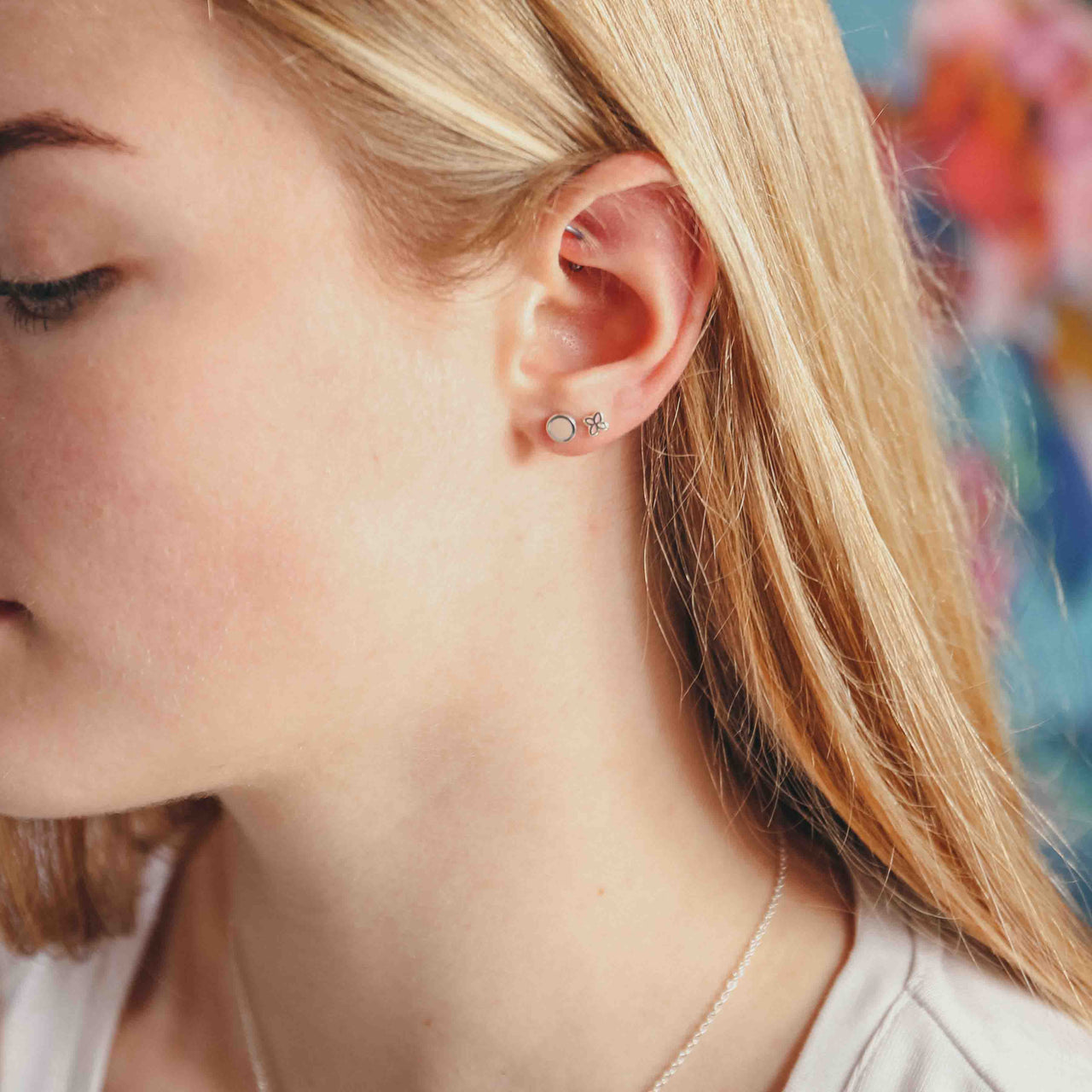 Geo Flower Studs with Pink Enamel