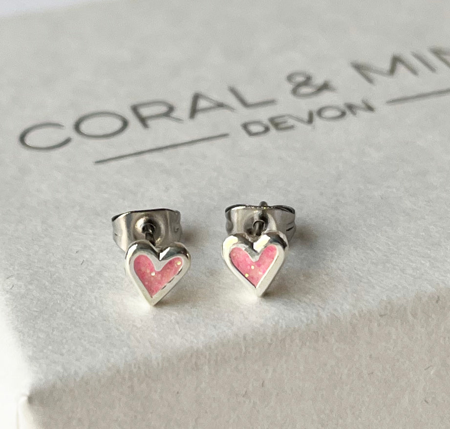 Mini Heart Studs with Pink Enamel