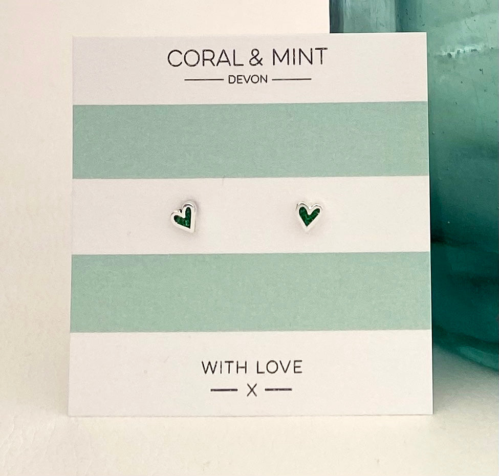 Mini Heart Studs with Emerald Sparkle Enamel